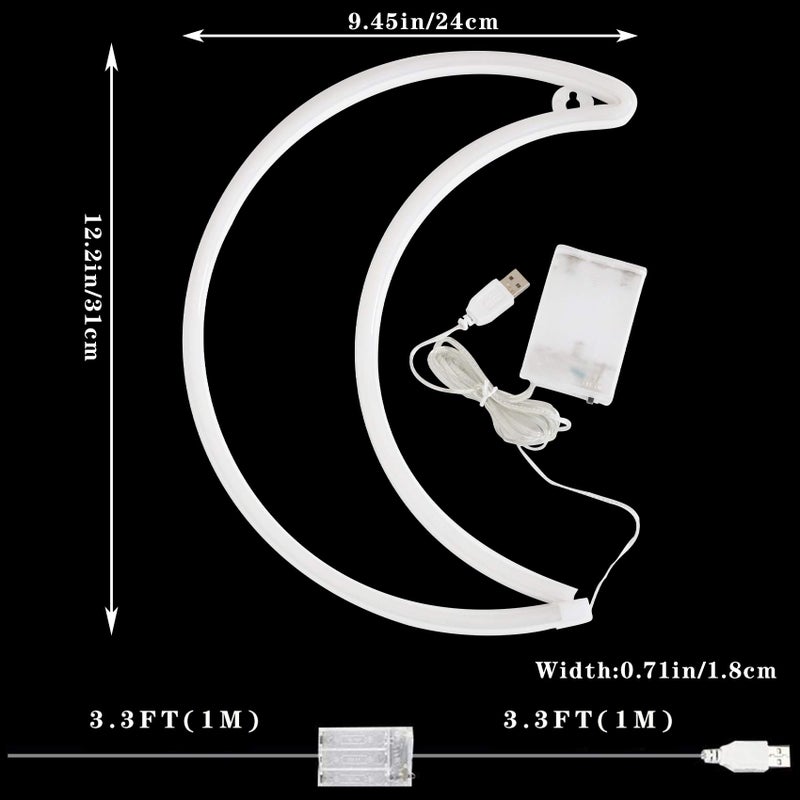YAOZHOU LED Warm White Moon Neon Light, Cute Neon Moon Sign,Christmas Room Decor Battery or USB Powered 5V Art LED Decorative Lights Night Lights Indoor for Home, Bedroom, Office,Dorm,Party (Warm White Moon) - Image 4